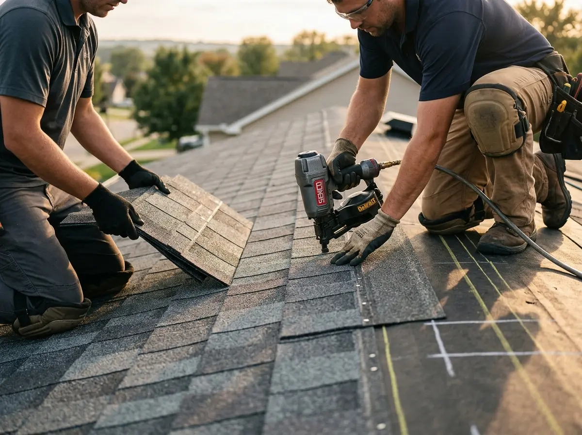 Professional roofer working on a residential roof in Chesapeake